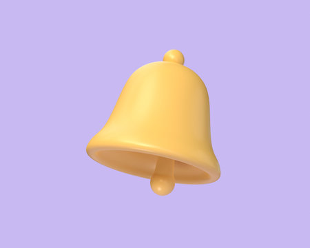 3d golden bell or notification icon in cartoon style. the concept of receiving notification in social networks or reminders in applications. illustration isolated on purple background.3d renderingの写真素材