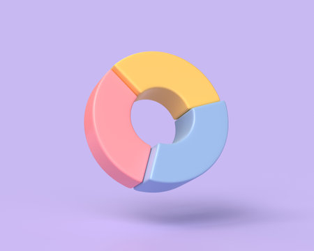 3d pie chart icon with three sectors in cartoon style. illustration isolated on purple background. 3d renderingの写真素材