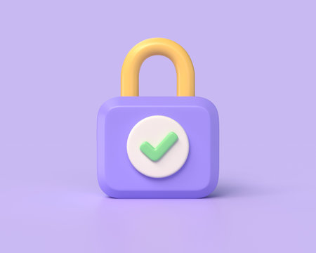 3d locked padlock icon with green tick symbol.security concept.illustration isolated on purple background. 3D renderingの写真素材