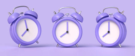 3d alarm clock icon in realistic cartoon style. illustration isolated on purple background. 3d renderingの写真素材