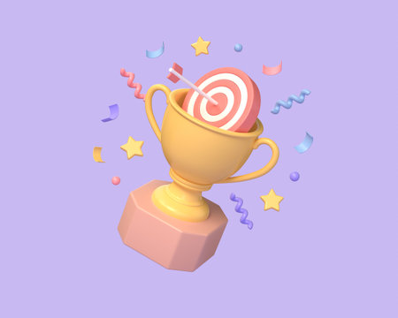 Champion trophy, golden goblet and an arrow hitting the target. Realistic 3D design of Winner prize, sports award, success concept in minimalistic cartoon style. 3d renderingの写真素材