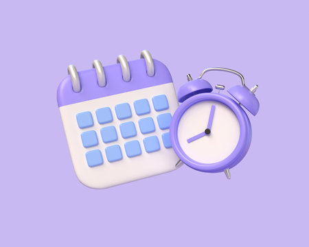 3D Calendar and Alarm clock. planning concept. office work and deadline. event agenda. Time to plan. business meeting. Cartoon design icon isolated on purple background. 3D Renderingの写真素材