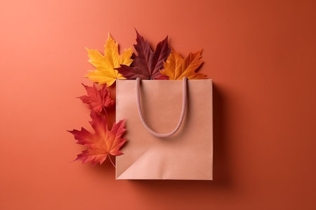 Creative top view, autumn composition, shopping bag, orange leaves, background, copy space, template, layout, autumn harvest, halloween, promotional flyers.ai generativeの素材