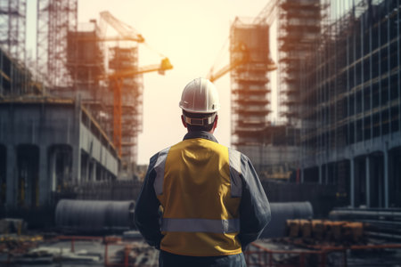 a working builder in a protective helmet stands against the background of a construction or industrial site, rear view. labor day. AI generativeの素材