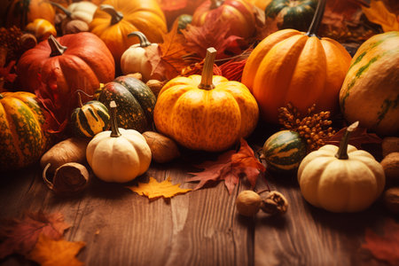 Thanksgiving - themed background with autumn leaves and pumpkins. ai generativeの素材