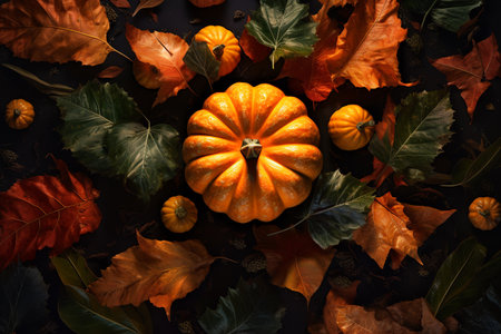 Thanksgiving - themed background with autumn leaves and pumpkins. ai generativeの素材