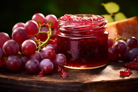 Red grapes and jam on wooden table. ai generativeの素材