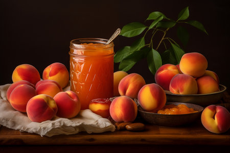 Red peach jam in small jar. Homemade autumn peach jam with fresh fruits. Fall preparations and canning on wooden table background copy space.ai generativeの素材
