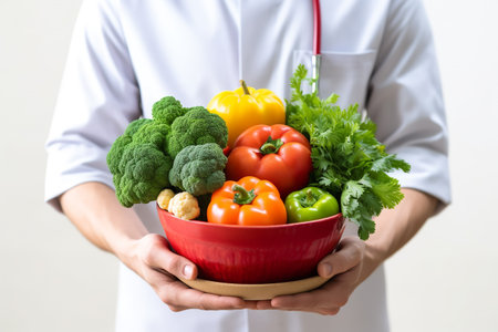 healthy lifestyle of a young male doctor with a bowl of vegetables on a white background. ai generativeの素材