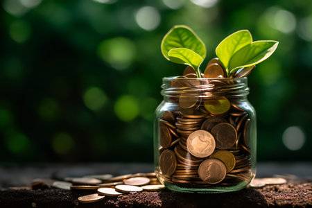 a plant growing on a jar filled with coins. the concept of investment and savings. ai generativeの素材