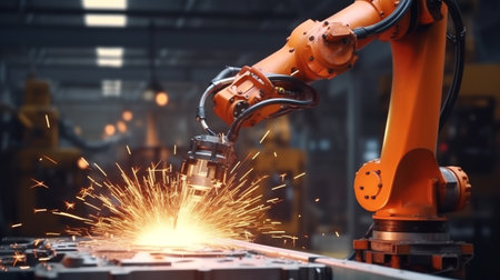 Robotic Arm production lines modern industrial technology. Automated production cell. ai generativeの素材