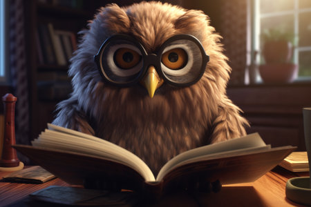 smart owl with glasses reading a book. ai generativeの素材