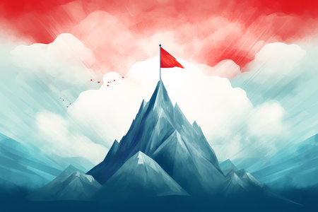 Abstract blue mountain with red flag on top, success concept. ai generativeの素材