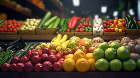 Big fresh fruits and vegetables on the market counter shop. ai generativeの素材