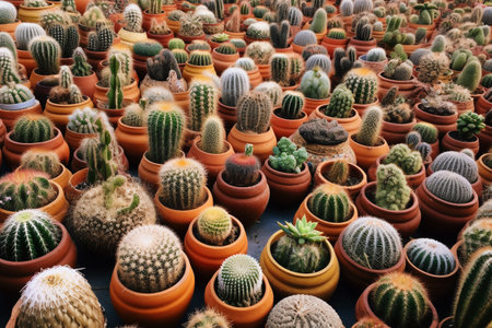 Lots of small cacti in pots. Home plantation of cacti. ai generativeの素材