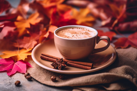 Autumn, autumn leaves, a hot steaming cup of coffee and a warm blanket. Seasonal, morning coffee, sunday rest and still life concept.ai generativeの素材