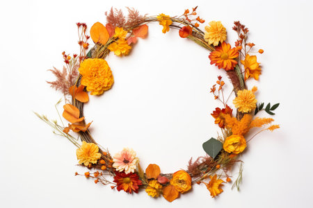 autumn composition. Wreath of dry autumn leaves and flowers on a white background, top view, copy space.ai generativeの素材