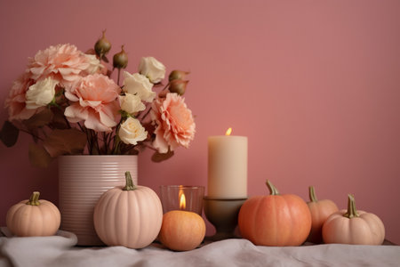 autumn still life with pumpkins and a vase of flowers, cozy atmosphere and pastel colors. ai generativeの素材