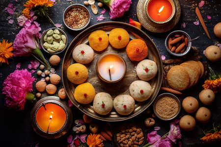Indian festive Diwali background with sweets. Gulab jamun, carrot halva, snacks with candles, flowers. Assorted Indian desserts. Festive table. view from above. ai generativeの素材