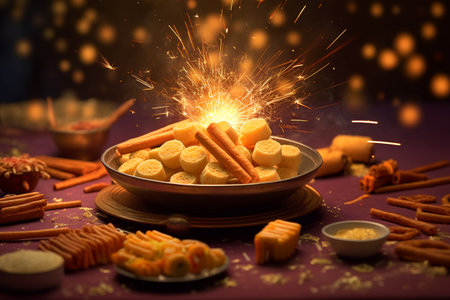 indian sweet food and fire crackers served in plate showing diwali concept.ai generativeの素材