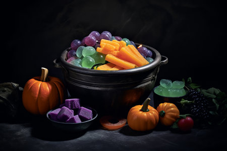 sweets with jelly and sugar inside the pot. colorful set of various children's sweets and treats. autumn holiday halloween. ai generativeの素材