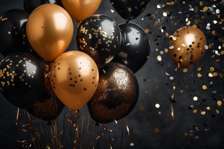 festive background with black and gold glitter balloons and confetti. ai generativeの素材