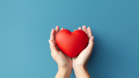 hands hold a red heart on a blue background. ai generativeの素材