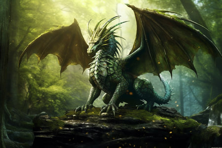 A forest dragon with wings sits on a stone in green forests.ai generativeの素材