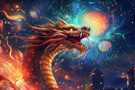 Chinese dragon on the background of the starry sky with fireworks.ai generativeの素材