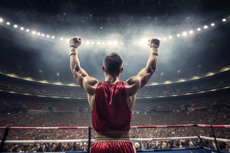boxer celebrating victory raising his hands up, view from the back.ai generativeの素材
