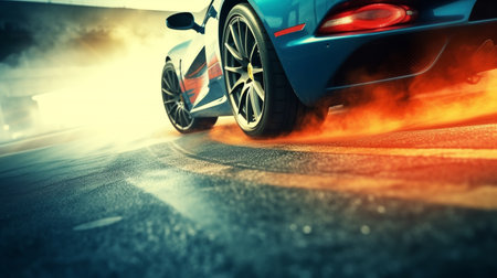 drifting car wheels close-up,Sports car racing on the race track. ai generativeの素材