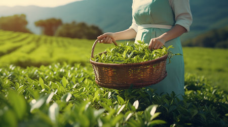 the hands of a young farmer woman hold a basket with tea leaves. ai generativeの素材