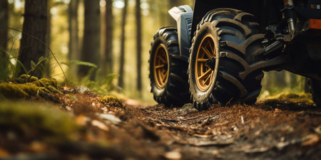 close-up of a wheel and traces of an ATV in the forest. ai generativeの素材