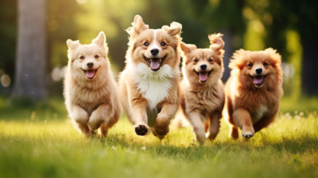 Cute funny dogs group running and playing on green grass in park.ai generativeの素材