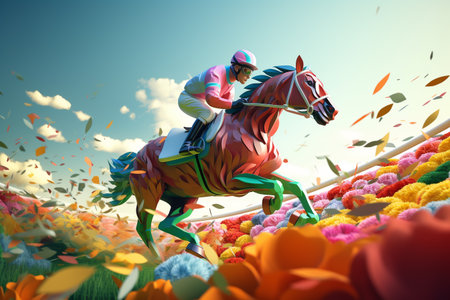 horse racing, a jockey riding a horse ride through a flower field. colorful illustration. ai generativeの素材