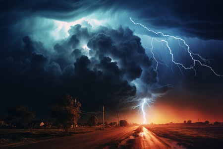 At night, a tornado-shaped mesocyclone thunderstorm throws discharges of electricity to the ground and illuminates the field and dirt road. ai generativeの素材