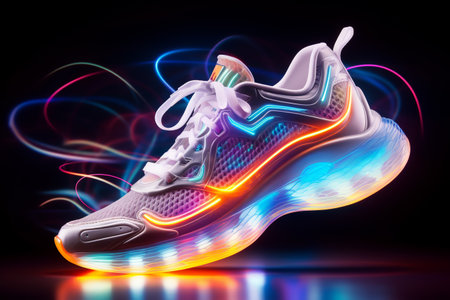 shoes for sports and fitness, running and speed. sneakers of the future with neon glow. ai generativeの素材