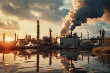 petrochemical plant or oil refinery polluting carbon and pollution in cloudy sky causing climate change, global warming and extreme weather events. ai generativeの素材