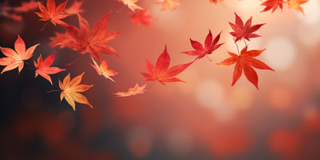 Red maple leaves fly in the wind and glow in the sunlight on an autumn background. Autumn foliage for black friday sale and halloween price reduction or seasonal banner.ai generativeの素材