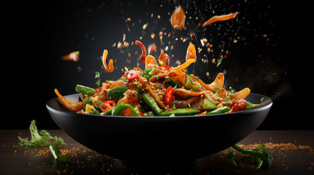 bowl with vegetables flying ingredients in the air. ai generativeの素材