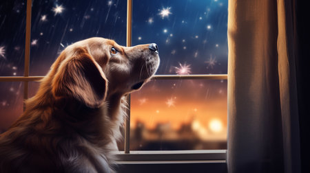 The dog looks out the window and looks at the fireworks. ai generativeの素材