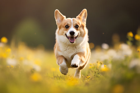 Cute welsh corgi pembroke runs down the street. ai generativeの素材