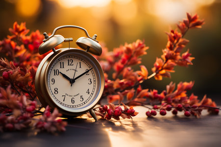 alarm clock under autumn deciduous tree. ai generativeの素材