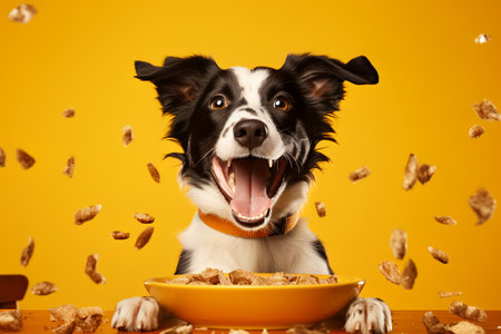 happy dog ââin front of a plate of food, motion, yellow background. ai generativeの素材