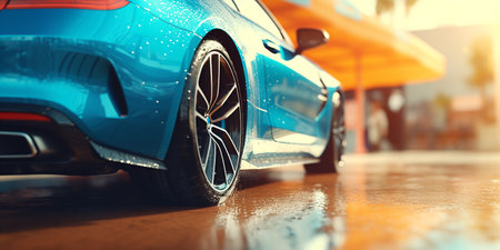 high pressure water. close. Hand wash outside. Cleaning the car by washing with soap. Hand wash with white soap, foam on the body. ai generativeの素材