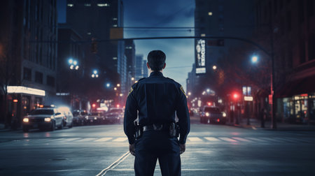 a policeman stands in the middle of the street. back view. ai generativeの素材