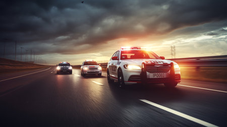 a police car is driving down the road at high speed. ai generativeの素材