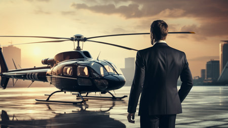 businessman standing in front of his helicopter, back view.ai generativeの素材