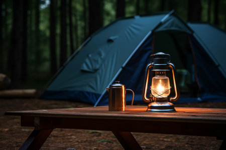 tent, lantern on wooden table in campsite.ai generativeの素材