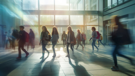 blurred group of young students going to class in fast movement.ai generativeの素材